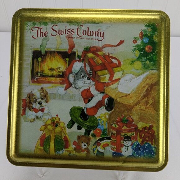 The Swiss Colony Metal Tin Lot of 2 Red Gold Santa Mouse Christmas Square Empty - Picture 9 of 16